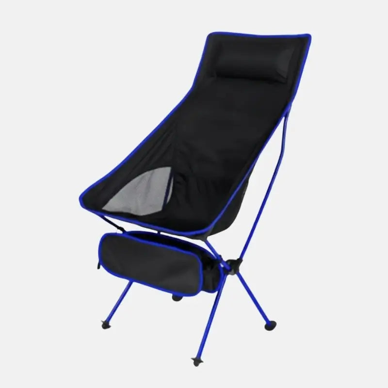 Cadeira dobrável de camping Tupi Crosbel azul com encosto alto, apoio de cabeça e bolsa frontal