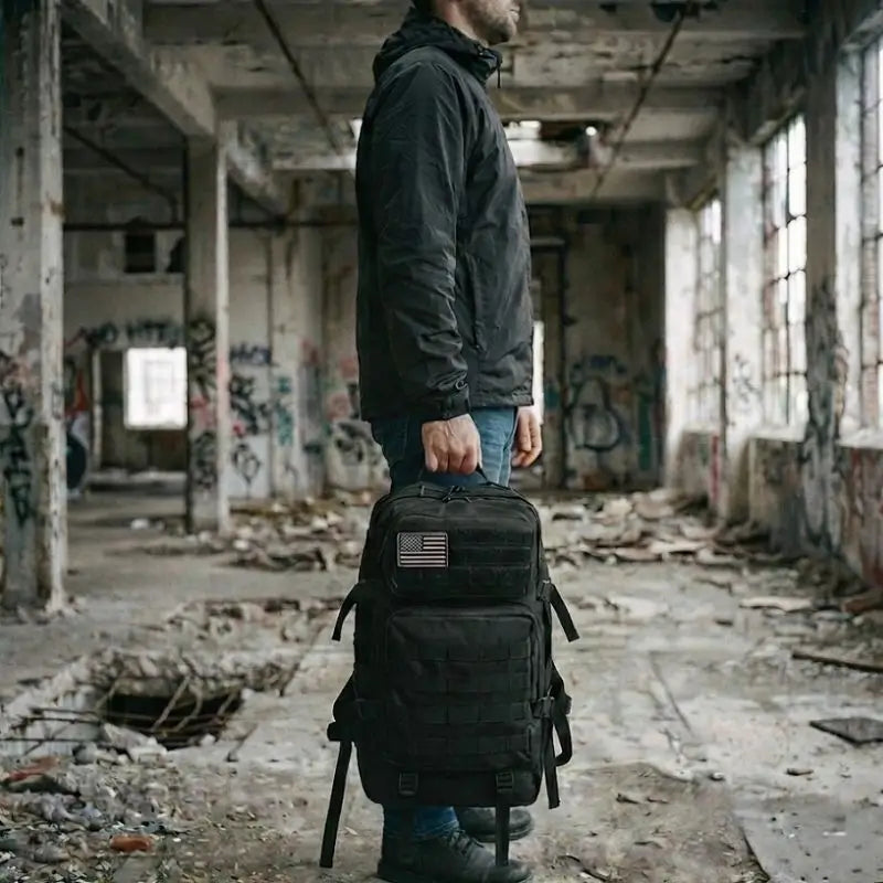 Mochila militar tática Brave Crosbel preta com alça de mão reforçada para transporte