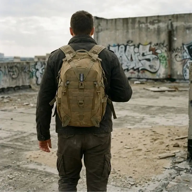 Mochila militar tática Sentinela Crosbel bege com ajuste ergonômico para trilhas e aventuras