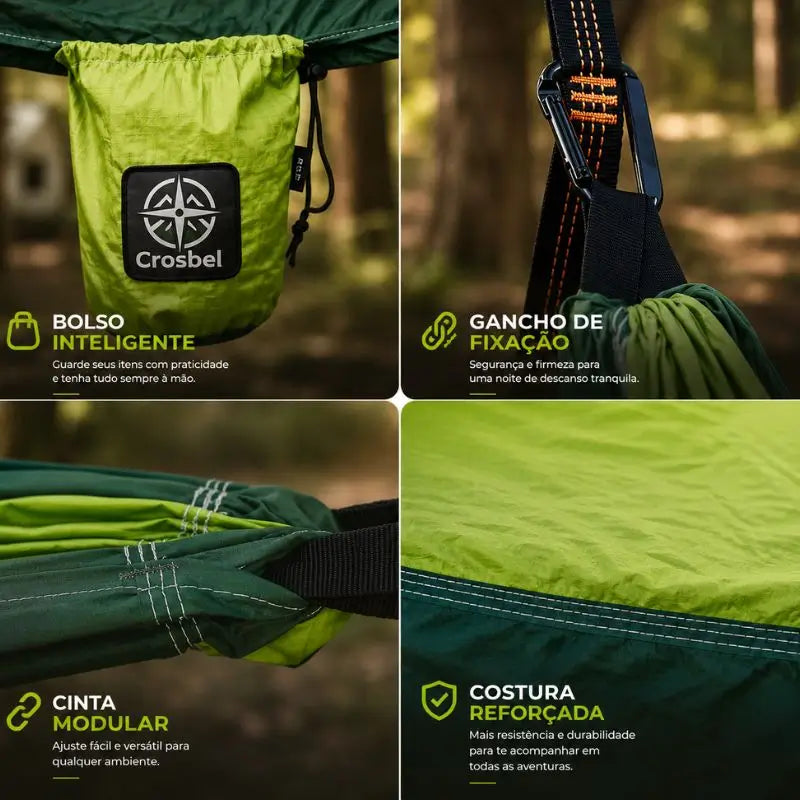 Rede de descanso portátil Igarapé Crosbel com bolso, gancho, cinta modular e costura reforçada