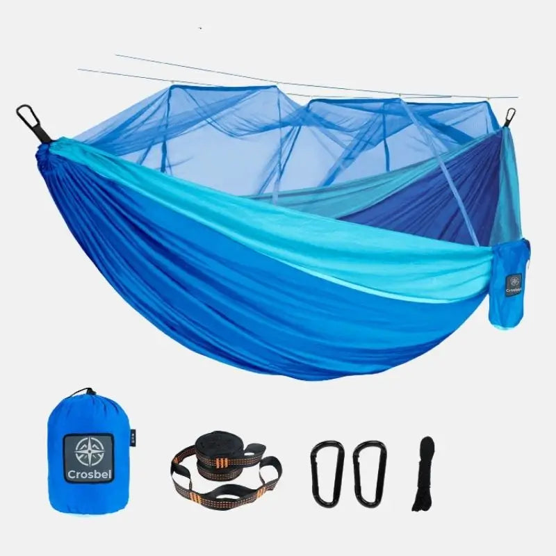 Rede de descanso com mosquiteiro integrado Selva Crosbel azul para camping protegido ao ar livre