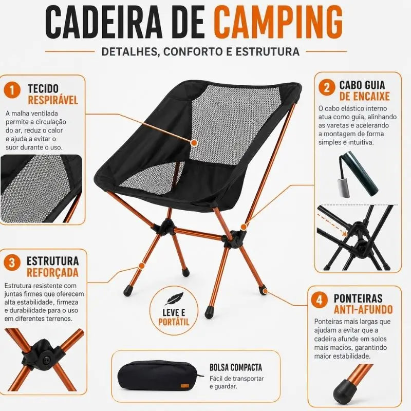 Cadeira dobrável de camping Kokama Crosbel com tecido respirável, estrutura reforçada e bolsa compacta