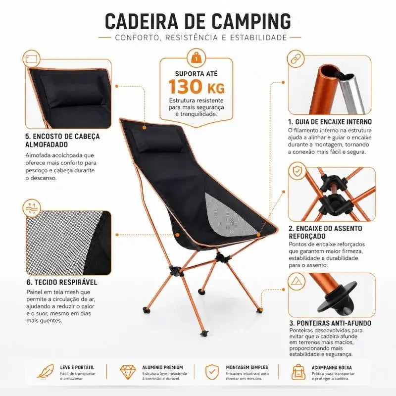 Cadeira dobrável de camping Tupi Crosbel com tecido respirável, encosto ajustável e suporte de 130 kg