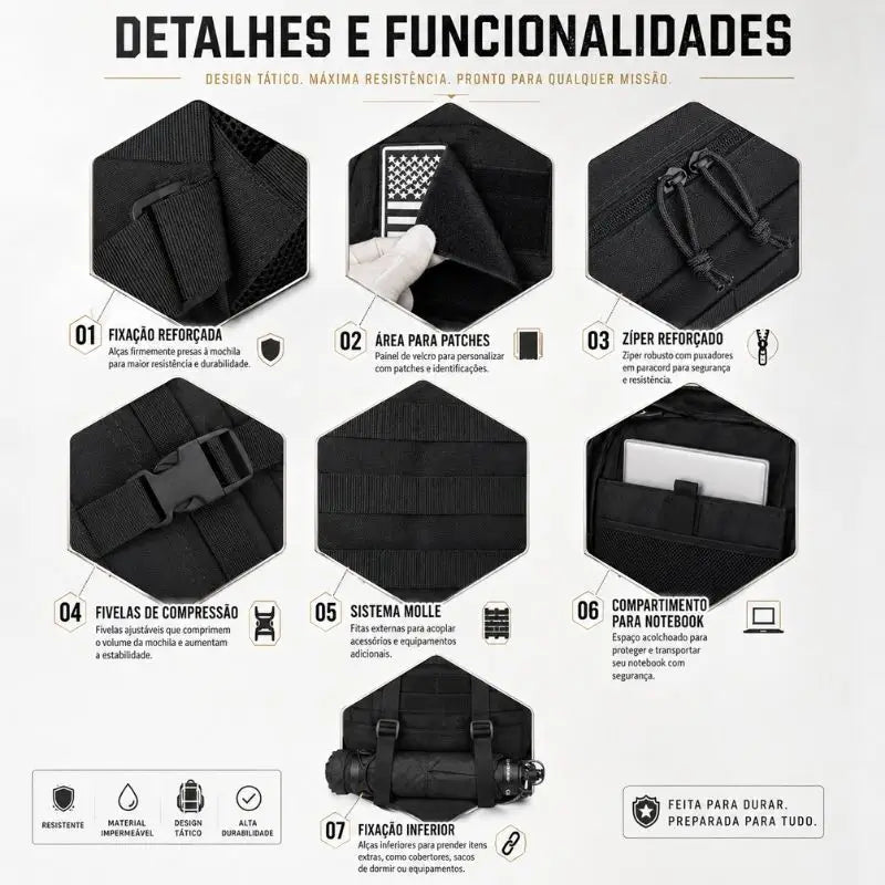 Mochila militar tática Brave Crosbel com sistema MOLLE, zíperes reforçados e bolso para notebook