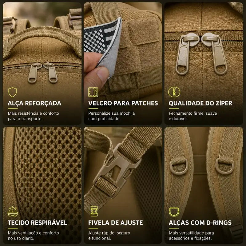 Mochila militar tática Sentinela Crosbel com alça reforçada, velcro, zíperes e tecido respirável