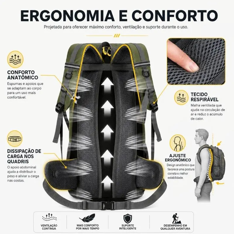 Mochila para trilha Expedição Crosbel com alças respiráveis, ajuste lombar e suporte ergonômico