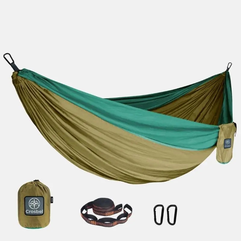 Rede de descanso portátil Igarapé Crosbel bege e verde resistente com cinta, mosquetões e bolsa
