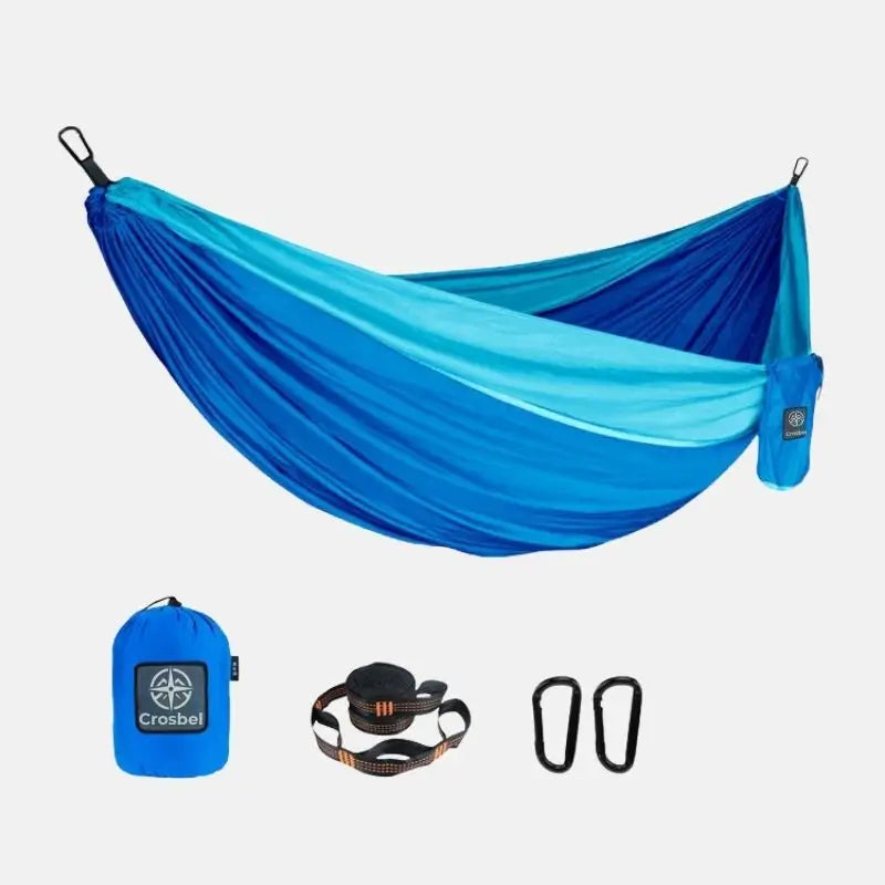 Rede de descanso portátil Igarapé Crosbel azul resistente com cinta, mosquetões e bolsa