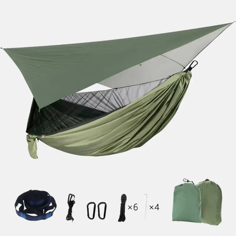 Rede de descanso com mosquiteiro e toldo Pantanal Crosbel verde-oliva para camping protegido ao ar livre