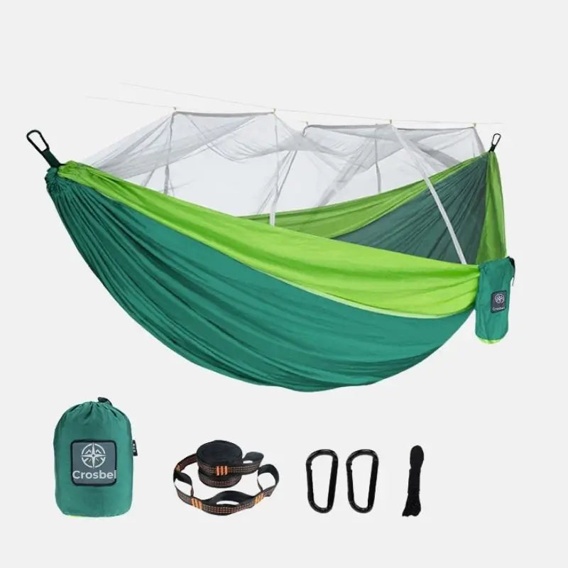 Rede de descanso com mosquiteiro integrado Selva Crosbel verde-claro para camping protegido ao ar livre