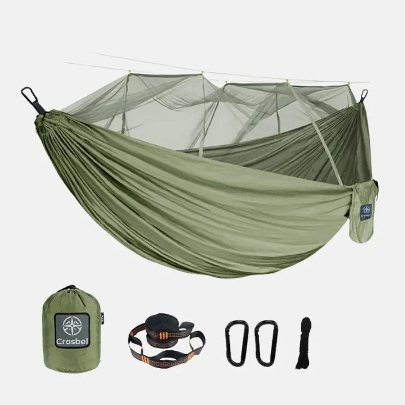 Rede de descanso com mosquiteiro integrado Selva Crosbel verde-oliva para camping protegido ao ar livre