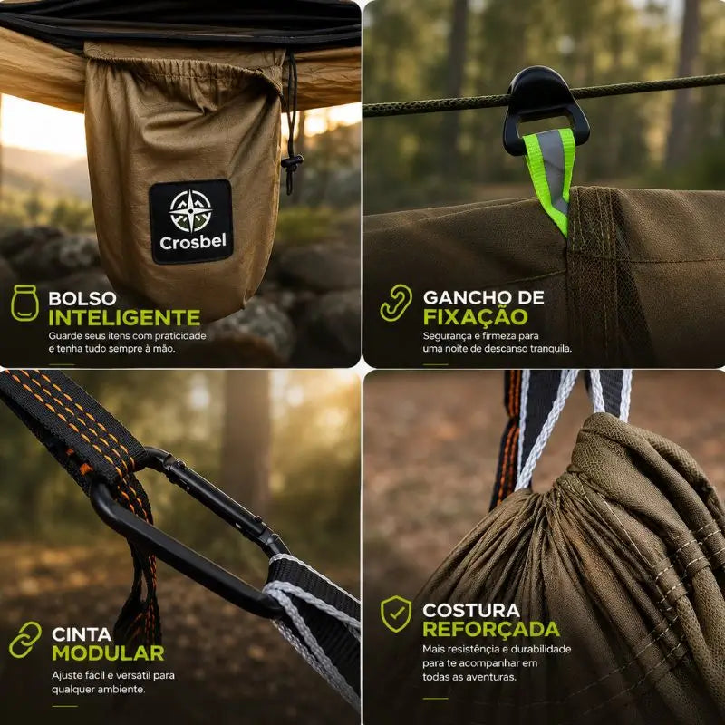Rede de descanso Selva Crosbel com bolso, gancho, cinta modular e costura reforçada